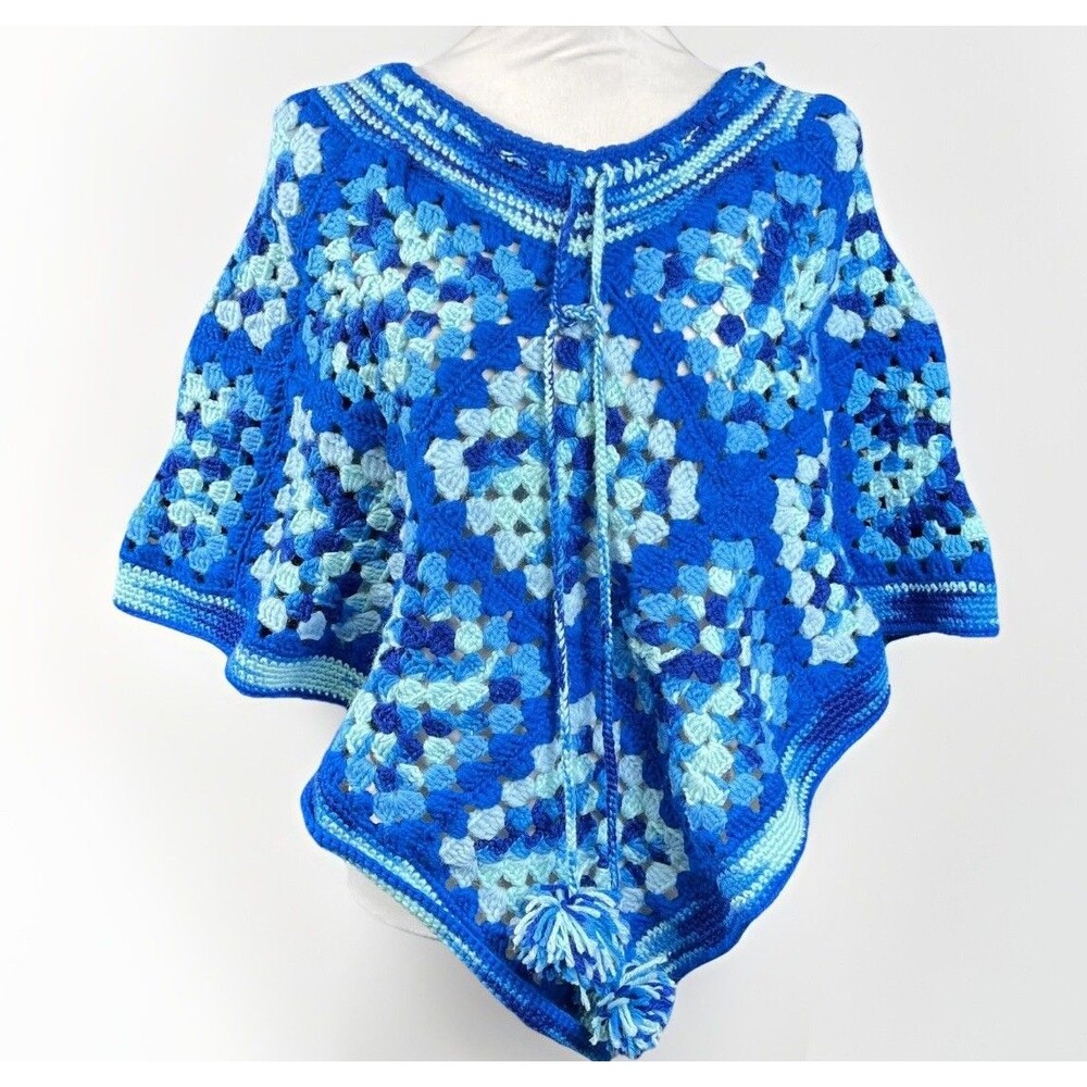 Poncho blue granny square tassels retro hippie festival boho